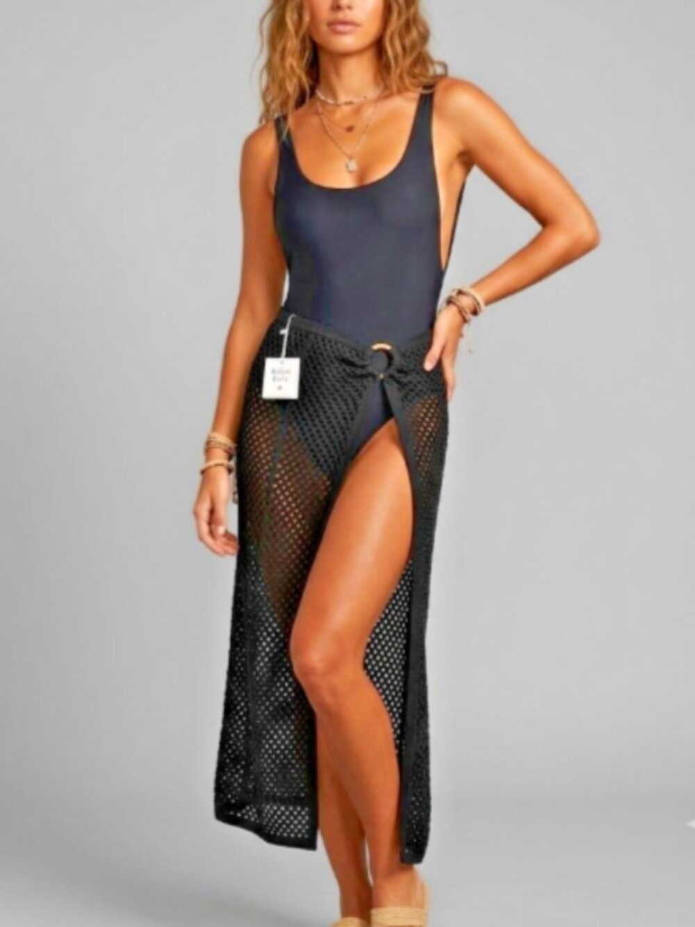 Kulani Kinis Crochet Ring Maxi Skirt Black Small Cover-Up